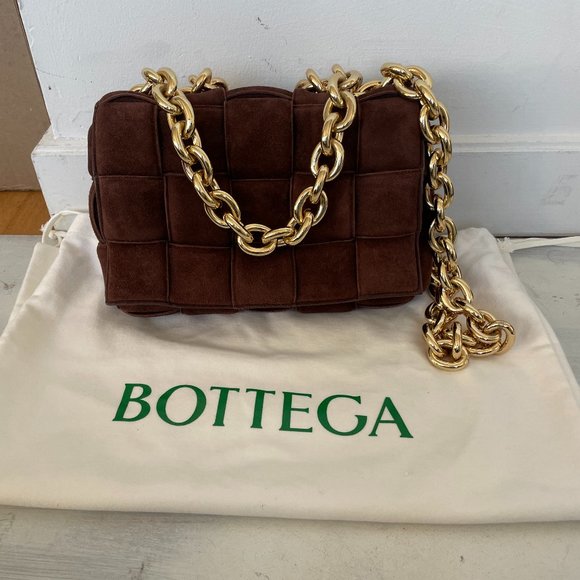 Bottega Veneta Cassette Suede Shoulder Bag Weaved Brown Gold Chain Link Strap - Picture 3 of 10